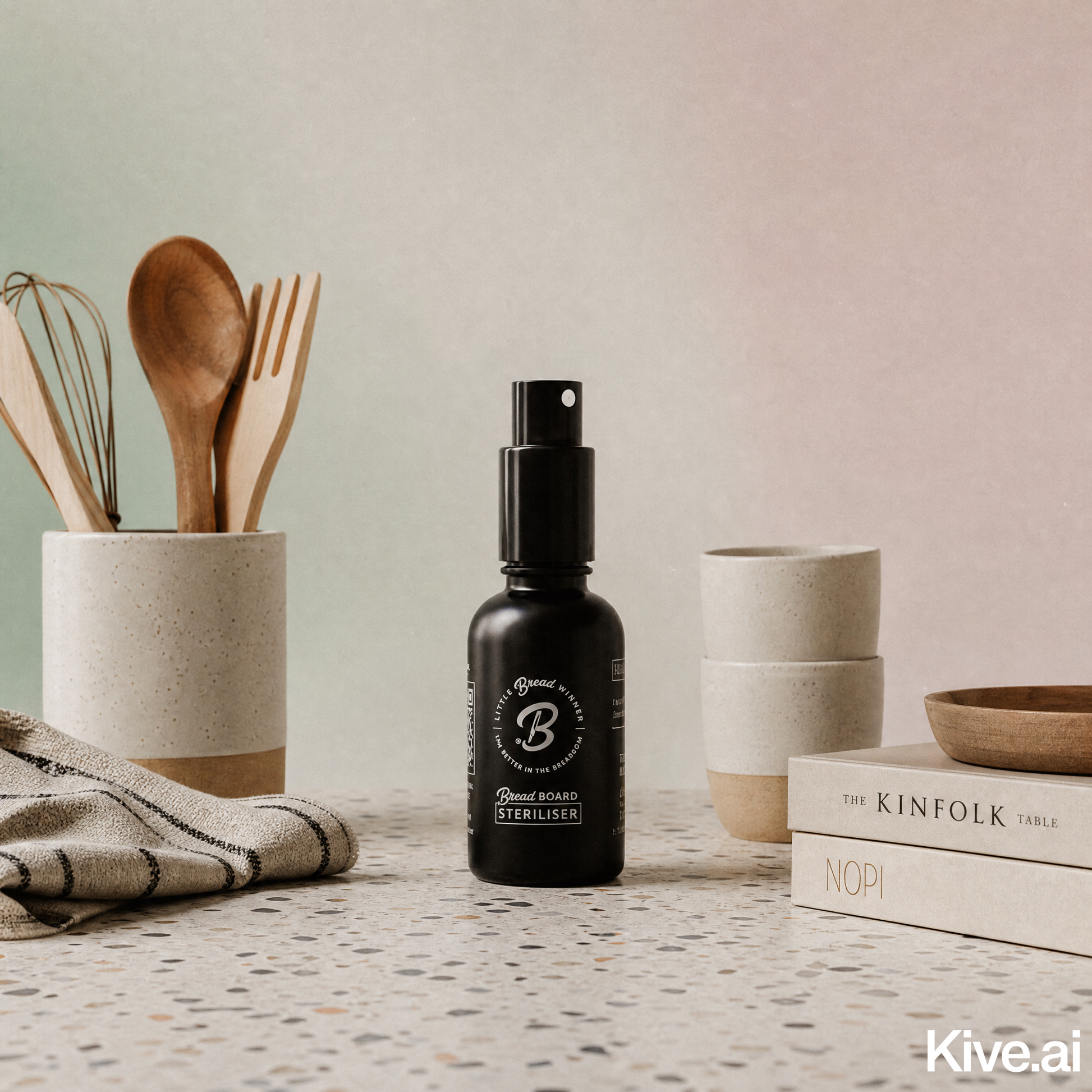 A black spray bottle labeled 'bread baord steriliser ' stands on a terrazzo-style surface, styled with ceramic utensils, stacked cups, books, and a cloth in a soft neutral setting.