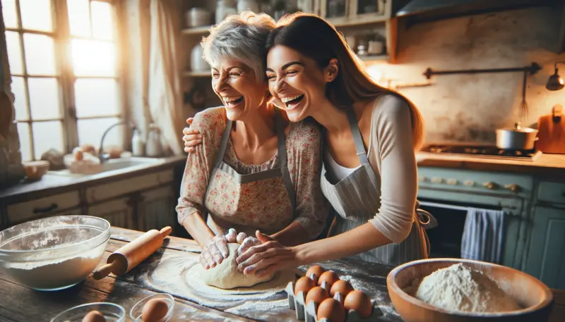 Laughing mother and daughter in rustic kitchen making bread
